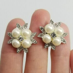 Vintage Rhinestone and Faux Pearl Starburst Flower Clip On Earrings, Silver Tone